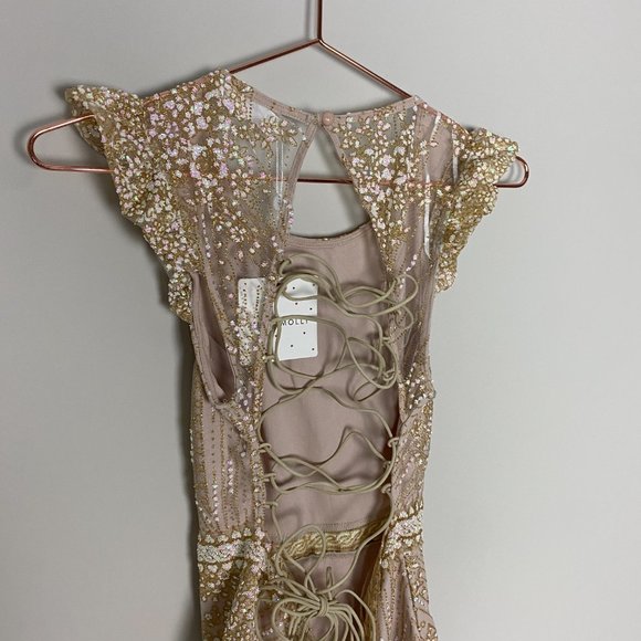 Hello Molly Look At You Bodysuit Champagne Glitter Womens Medium Lace Up Back - Picture 9 of 13